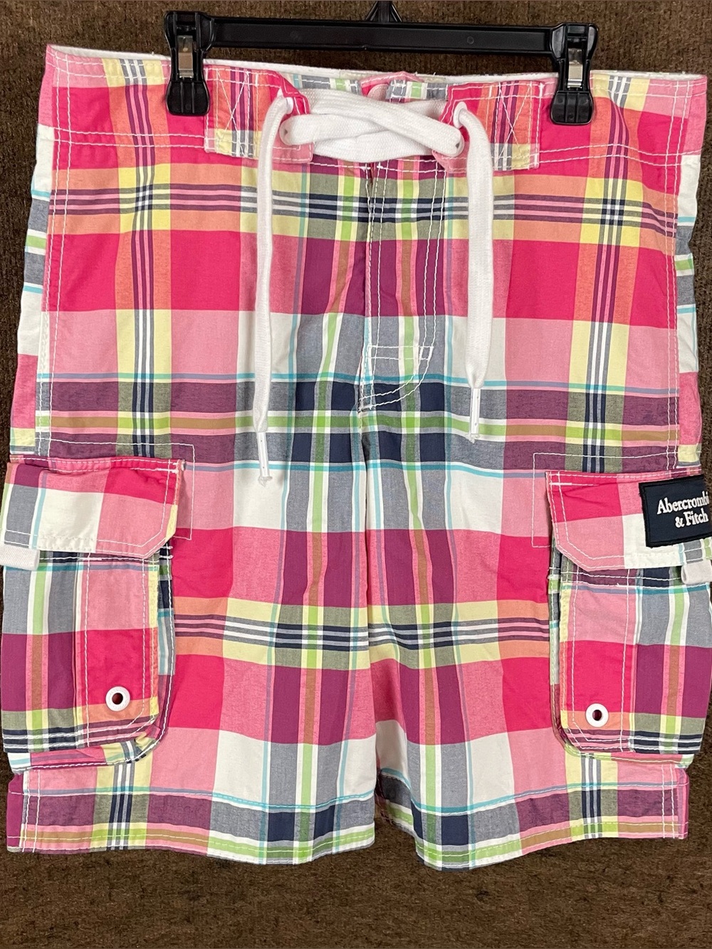 Abercrombie & Fitch Swim Trunks Mens 30x8 Plaid Cargo Board Shorts Pink Y2K 72
